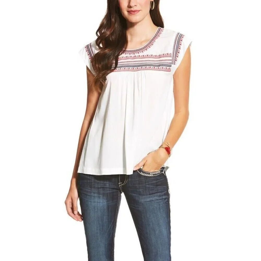 Ariat White Embroidered Cap Sleeve Brandy Top Blouse Women's Size Large